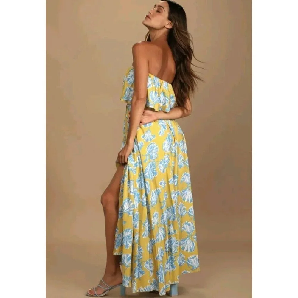Lulus L Love Boldly Yellow Floral Print Strapless Maxi Dress High Slit Tropical - Picture 7 of 15